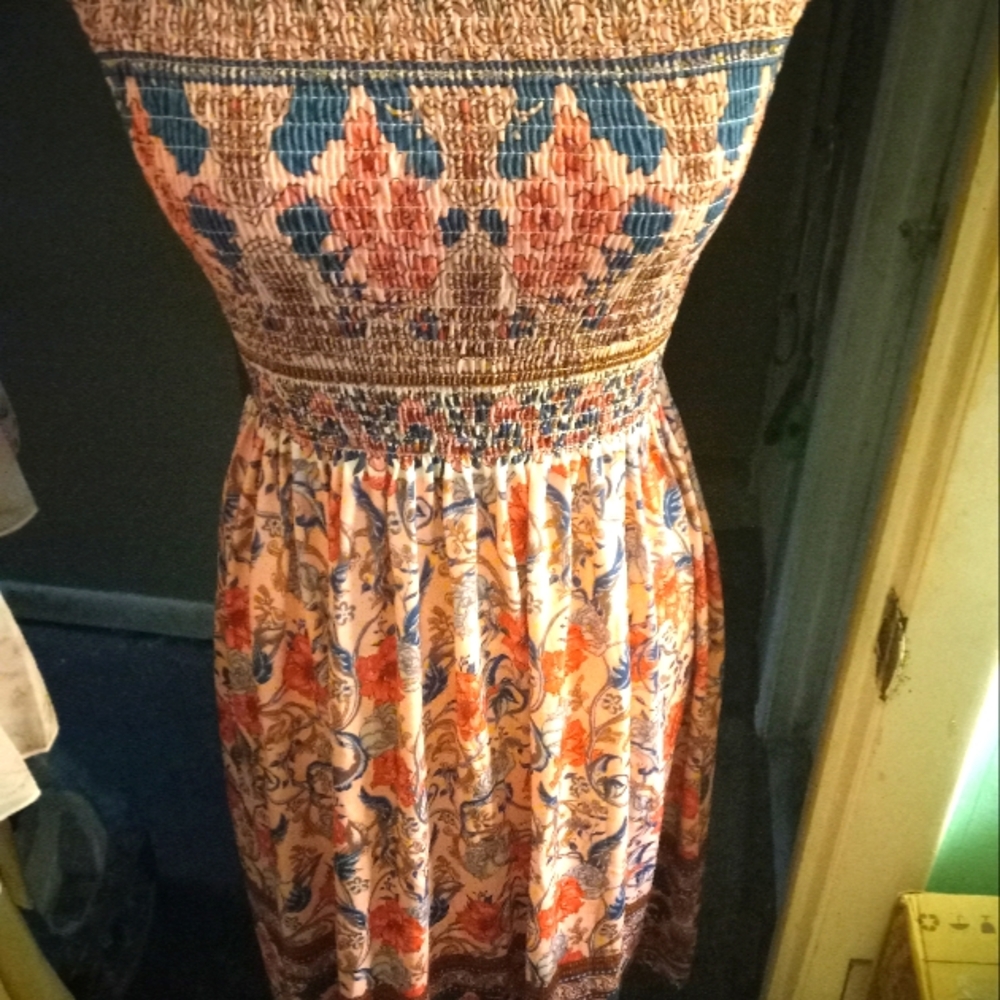 New, beach floral strapless smocked knit sundress multicolor small &border print